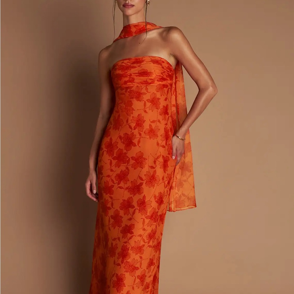 Azazie Strapless Dress in Vibrant Orange Floral
